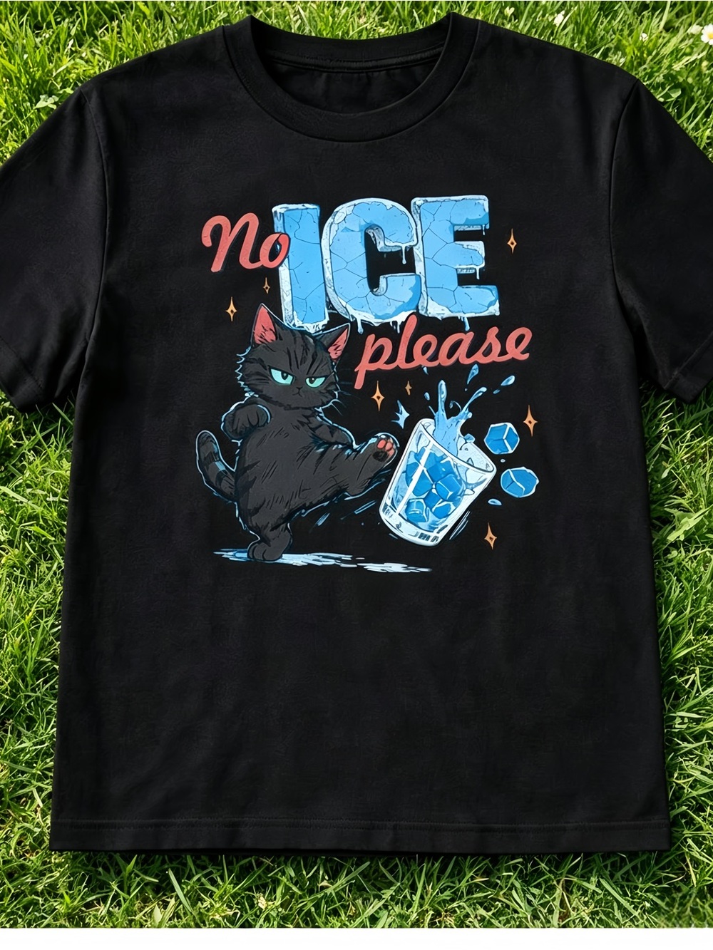 "No Ice Please"Black Cat Pattern T-shirt, Cartoon StreetwearBlackUnisex T-shirt.